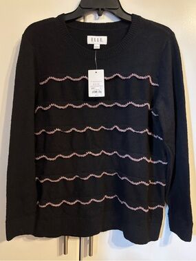 Elle Black Crewneck Sweater with Pink Wave Stripes